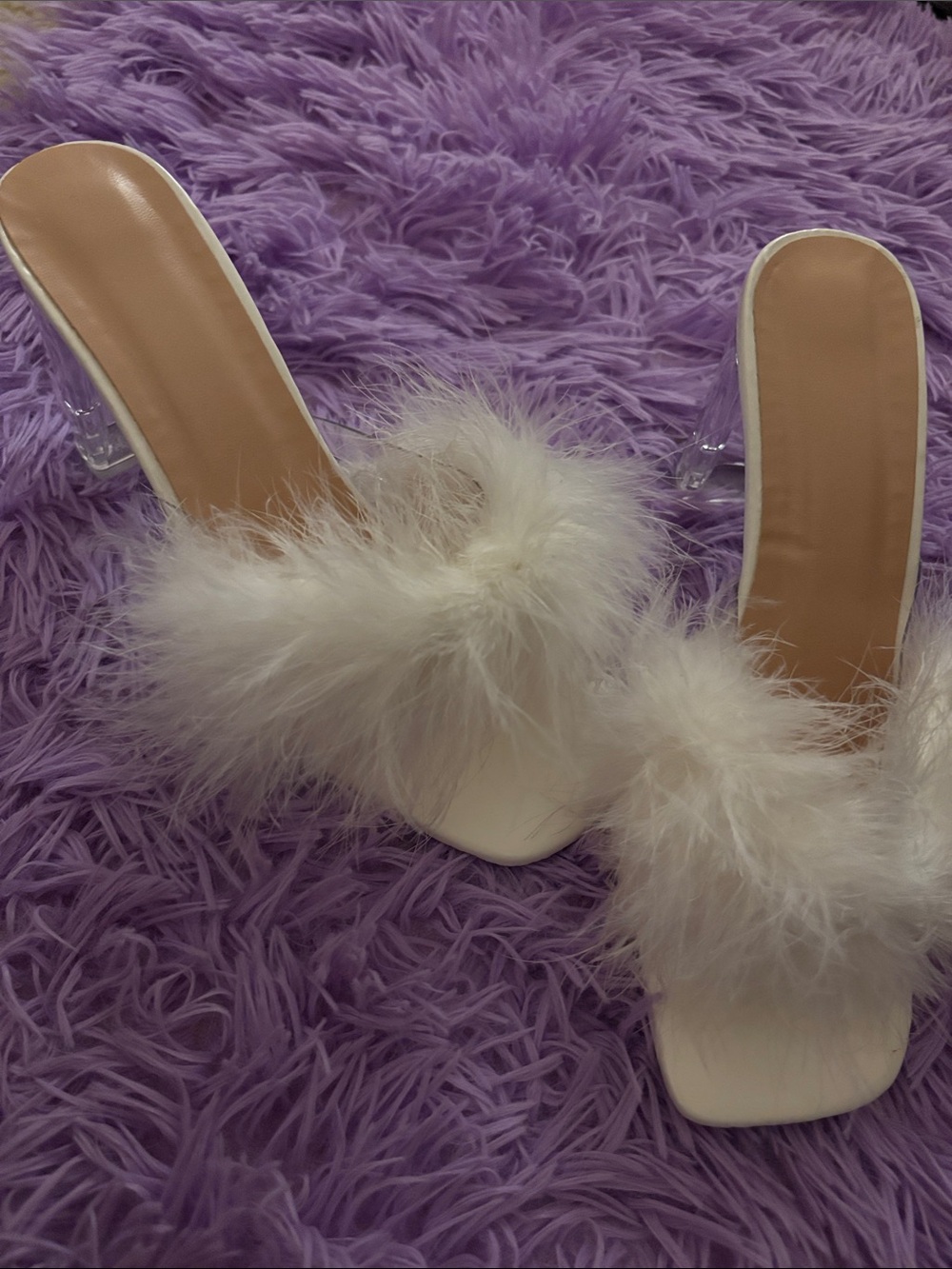 White Faux-Fur Slide Heels for Women
